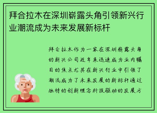 拜合拉木在深圳崭露头角引领新兴行业潮流成为未来发展新标杆